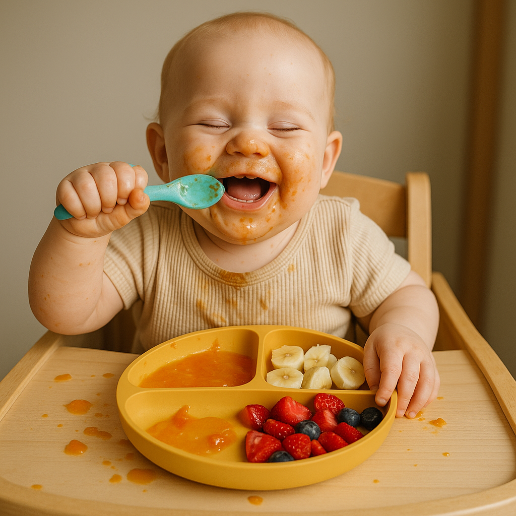 Bebê comendo durante introdução alimentar